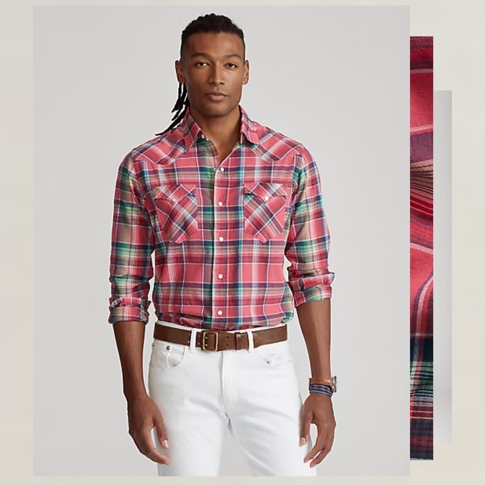 Polo Ralph Lauren Madras Western Red and Green Plaid Shirt - Picture 3 of 11